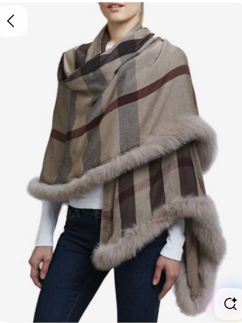 Burberry Beige Fox Fur Trim Checked Cashmere Shawl
